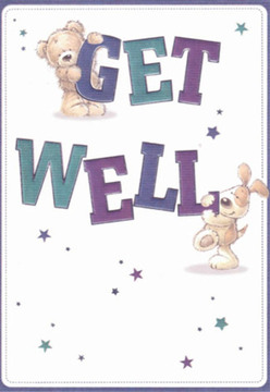 Echoing the spirit of comfort found in the quiet streets around Norwood Junction, this get well card radiates warmth and reassurance. The playful illustration features a cuddly teddy bear perched atop the bold, rounded 'GET' while a spirited puppy snuggles up to the 'WELL' below, their faces aglow with gentle affection. Deep purples and rich teals paint the text in confident strokes, immediately drawing the eye and inviting hope, while whimsical starbursts scattered across the crisp, light background shimmer like small notes of encouragement. As I study the delicately textured fur on both the bear and the dog, I'm reminded of the care that goes into arranging a soothing bouquet for a neighbor on Enmore Road-each stem selected for its healing presence, each petal meant to lift the recipient's spirits. The whole design exudes emotional warmth, much like the nurturing embrace of the South Norwood community itself. This card offers more than a get-well wish; it's a small, artful celebration of resilience and kindness, ready to be paired with a fresh, hand-delivered arrangement to brighten any recovery, whether in a home along Selhurst Road or by the tranquil waters of South Norwood Country Park.